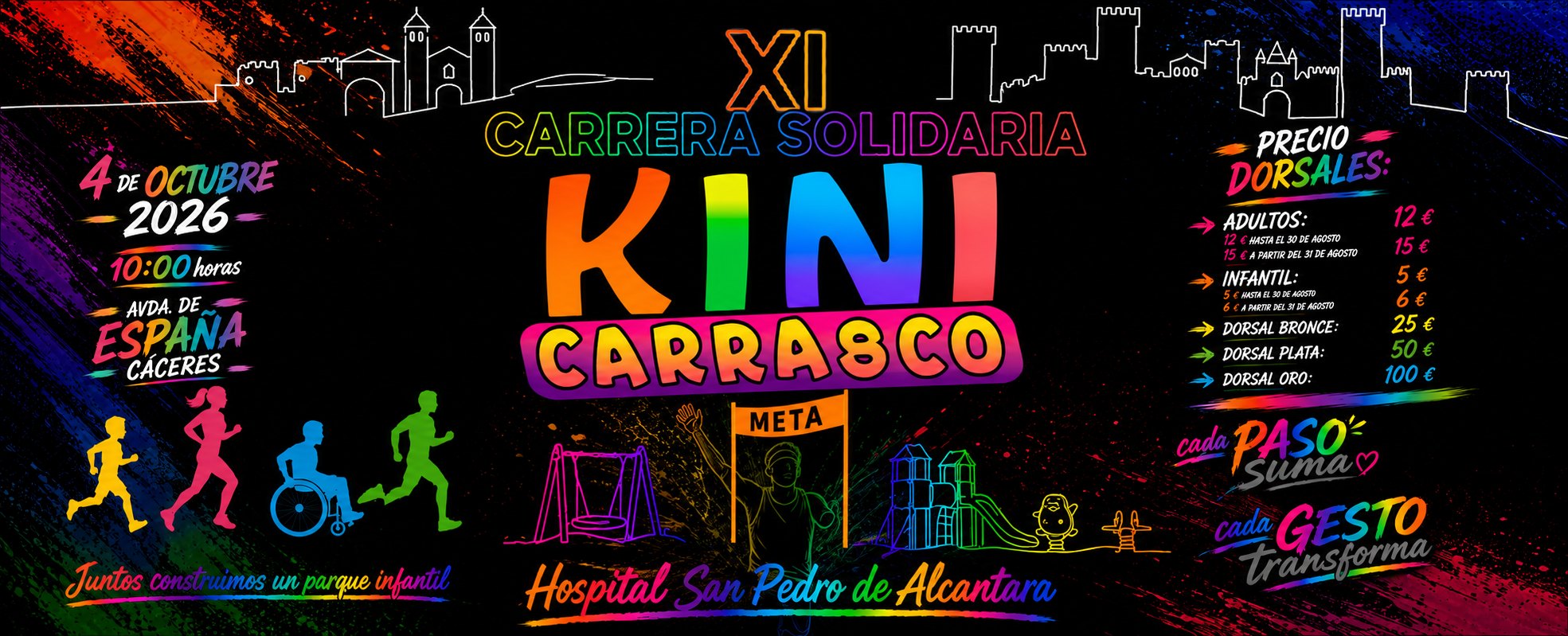 XI Carrera Solidaria Kini Carrasco. Domingo 4 de octubre de 2026, 10:00 horas, Avenida de España, Cáceres. Juntos construimos un parque infantil en el Hospital San Pedro de Alcántara.
