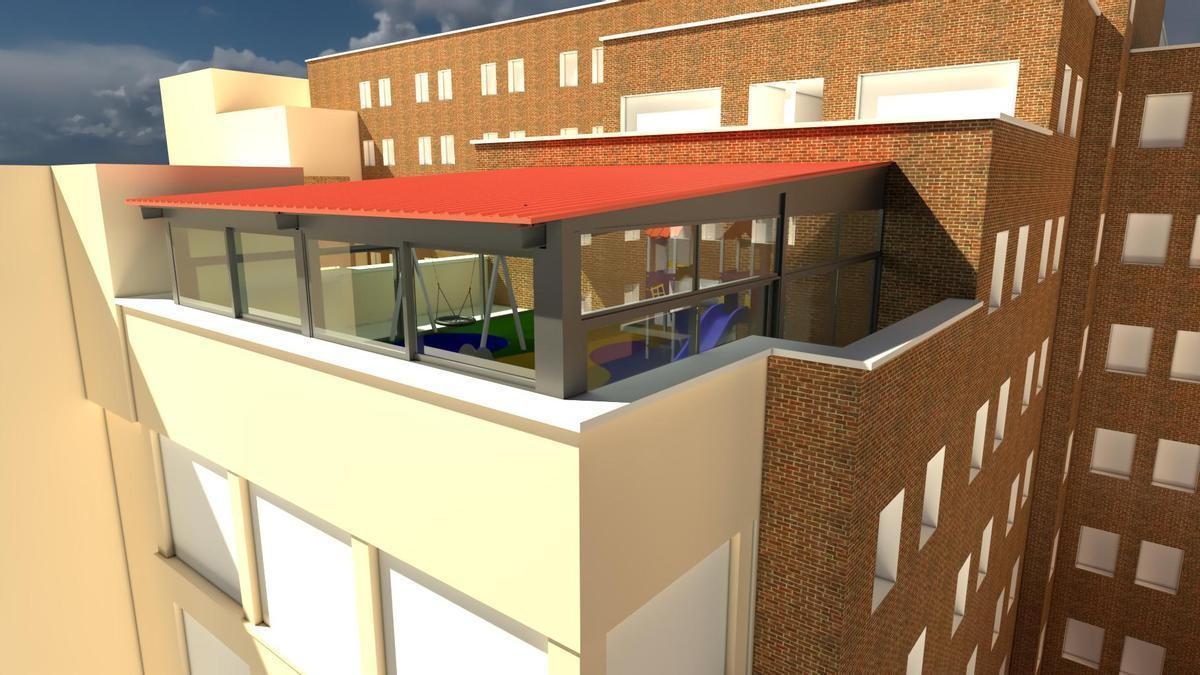 Recreación del futuro parque infantil en la 6ª planta del Hospital San Pedro de Alcántara